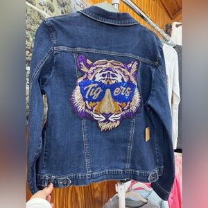 Denim LSU Jacket with Sequin Tiger Embroidery Appliqué